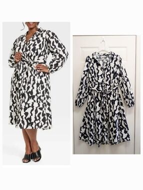 Ava & Viv Button Front Shirt Dress Midi Balloon Sleeve XXL Belted Mod Career